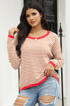 Pink Contrast Trimmed Striped Drop Shoulder Sweater
