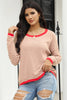 Pink Contrast Trimmed Striped Drop Shoulder Sweater