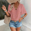 Women's V-Neck Lace-Trim Swiss Dot Short-Sleeve Top – Casual Loose Fit by FitiqueFit