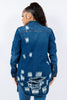 American Dark Blue Bazi Distressed Button Up Long Sleeve Jacket Trendy Buttoned Jacket with Distressed Finish for Women by Stevvex