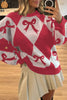 Red Bow Print 2-tone Rhombus Knit Loose Sweater by Wild and Free Boutique
