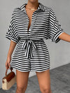 Tie Waist Half Button Striped Romper