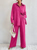 Women's Pleated Long Sleeve Lapel Two-Piece Set – Loose Top & Pants by FitiqueFit