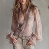 Women's Lace Flared Sleeve Fake Two-Piece Knotted Top by FitiqueFit