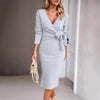 Elegant Style V-neck Solid Color Bandage Regular Sleeve Mid Dresses Light Gray by FitiqueFit