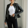 Women's Solid Color Long Sleeve Stand Collar Faux Leather Blazer by FitiqueFit
