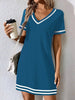 Women's Contrast-Color V-Neck A-Line Dress – Short Sleeve, Elegant, Mid-Rise by FitiqueFit