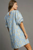 Floral Blue Jacquard Puff Sleeve Mini Dress Elegant Vintage-Inspired Dress for Women by Stevvex