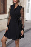 Lapel Collar Tied Mesh Long Sleeve Dress