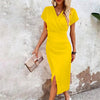 Split V-Neck Bodycon Dress – Slim Fit Short Sleeve Slit Dress by FitiqueFit