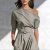Women’s One-Shoulder Long Dress – Slanted Shoulder Waist-Defined Style by FitiqueFit