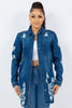 American Dark Blue Bazi Distressed Button Up Long Sleeve Jacket Trendy Buttoned Jacket with Distressed Finish for Women by Stevvex