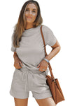 Black 2pcs Solid Textured Drawstring Shorts Set