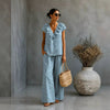 Women's V-Neck Ruffled Hem Top & Wide-Leg Pants Two-Piece Set by FitiqueFit