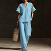 V-Neck Short Sleeve Top & Straight-Leg Pants Set – Ripped Detail, Pockets, Solid Color by FitiqueFit