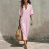 Women's V-Neck Loose Cropped-Sleeve Linen Midi Dress with Pockets by FitiqueFit