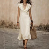 Women's V-Neck Cotton-Linen Flutter-Sleeve Ruffle-Trim Midi Dress by FitiqueFit