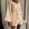 Women's Cotton Linen Shirt & Shorts Set – Long Sleeve, Button, Casual 2-Piece by FitiqueFit