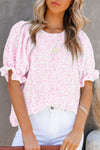 Light Blue Boho Floral Print Smocked Puff Sleeve Blouse