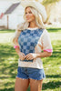 Dusk Blue Checkered Denim Patchwork Short Sleeve Loose Top by Wild and Free Boutique