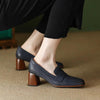 Women's Sheepskin Square Toe Chunky Heel Pumps – Retro High Heel Dress Shoes by FitiqueFit
