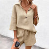 Women's Notch-Lapel Short-Sleeve Top & Belted Shorts Two-Piece Set by FitiqueFit