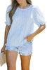 Light Blue Boho Floral Print Smocked Puff Sleeve Blouse