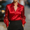 Women’s Satin Lapel Collar Blouse – Sheer Long Sleeve Button-Down Shirt for Office & Spring/Autumn Wear by FitiqueFit
