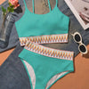 Bikini Scoop Neck High Waist 2 Piece Swimsuit for Women – Chic Solid Color Bikini Set with Contrast Band Detail – Stretchy Comfortable Flattering Swimwear for Beach Pool and Summer Vacation by Stevvex