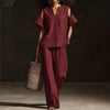 V-Neck Short Sleeve Top & Straight-Leg Pants Set – Ripped Detail, Pockets, Solid Color by FitiqueFit