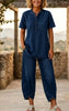 Women's Lapel Button-Up Top & Pants Two-Piece Set – Three-Quarter Sleeve by FitiqueFit