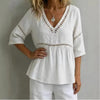 Women's V-Neck Hollow-Out Fringe Cotton-Linen Top by FitiqueFit