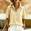 Women's Striped Short-Sleeve Shirt with Turn-Down Collar by FitiqueFit