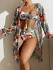 New Tropical Bloom 3-Piece Swimsuit Set – High Waist Floral Fluttering Bikini with Crew Neck Top Spaghetti Straps and Matching Long Sleeve Cover-Up – Stylish Stretchy Women’s Swimwear for Beach & Summer Escapes by Stevvex