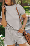 Black 2pcs Solid Textured Drawstring Shorts Set