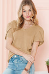 Mist Green Petal Sleeve Waffle Knit V Neck T-Shirt