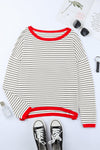Pink Contrast Trimmed Striped Drop Shoulder Sweater