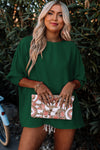 White Plain & Casual Shirred Cuffs Half Sleeve Top