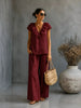 Women's V-Neck Ruffled Hem Top & Wide-Leg Pants Two-Piece Set by FitiqueFit