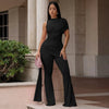 Women's Crew-Neck Pleated Ribbon Flare Jumpsuit by FitiqueFit