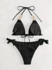 Bikini Ruched Texture Golden Chain 2 Piece Triangle Swimsuit for Women – Striped Halter Bikini Set with Bow Tie Side and Elegant Ring Link Detail – Stretchy Beachwear for Pool Bathing and Summer Vacations by Stevvex