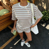 Women's Crew-Neck Spliced Short-Sleeve T-Shirt & Shorts Set by FitiqueFit