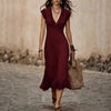 Women's V-Neck Cotton-Linen Flutter-Sleeve Ruffle-Trim Midi Dress by FitiqueFit