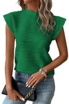 Dark Green Wavy Textured Mock Neck Cap Sleeve Top