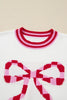 White Striped Trim Bow Graphic Round Neck Drop Shoulder Sweater by Wild and Free Boutique