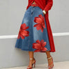 Women's Floral Print A-Line Midi Skirt – Denim-Style Boho Skirt by FitiqueFit