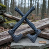 Forged Tool Axe Duo – Textured Steel Heads with Sculpted Hardwood Handles and Leather Sheaths by JW SteelCrafts