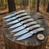 Handmade Artisan Bushcraft Knife Set of 7-Piece Full Tang Set with Bone Handles & Orange Spacers by JW SteelCrafts