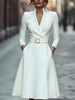 V-Neck Long Sleeve Swing Dress – Women's Autumn Winter Midi Dress by FitiqueFit