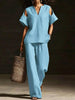 V-Neck Short Sleeve Top & Straight-Leg Pants Set – Ripped Detail, Pockets, Solid Color by FitiqueFit